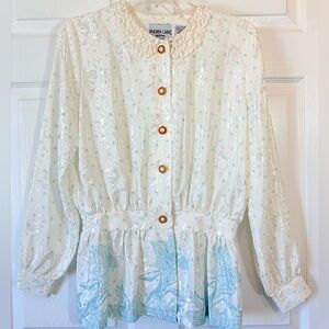 Andrea Gayle Embossed Satin Secretary Shirt Crochet Collar Pearl Buttons 8P